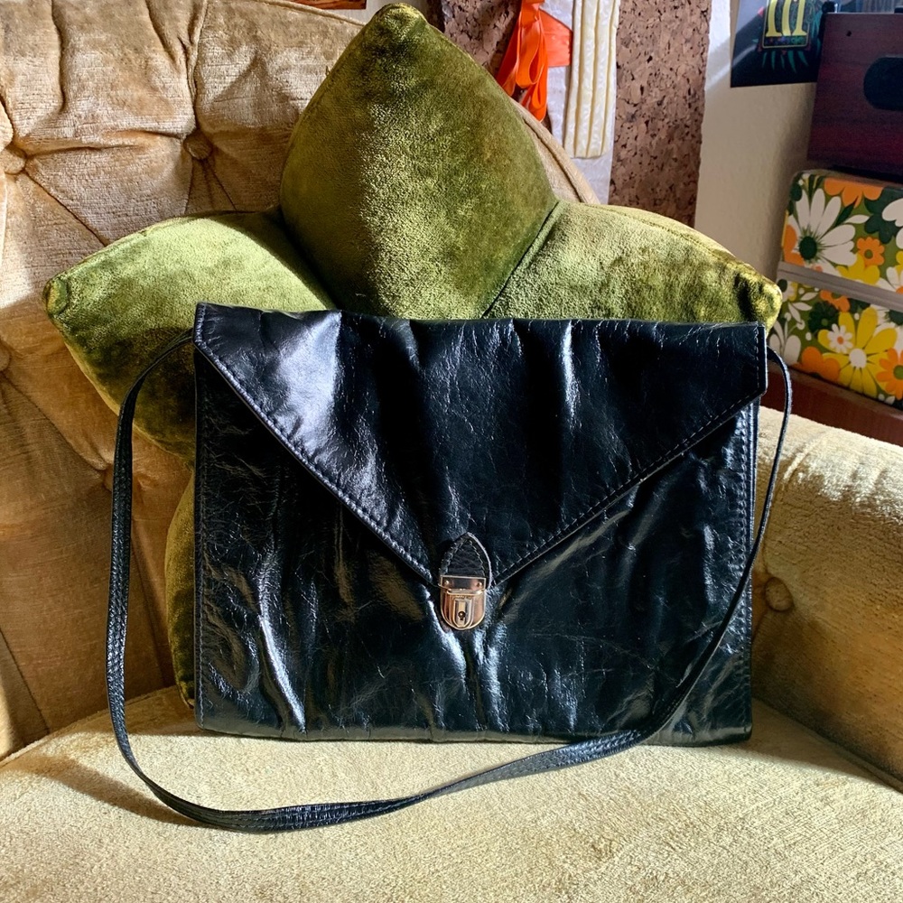 80s vintage black leather shoulder/clutch bag - Picture 7 of 7
